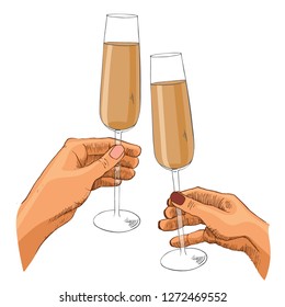Colored vector illustration of two women hands holding glasses champsgne