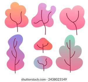 Ilustración vectorial en color con varios iconos de árbol abstracto. Árboles en estilo degradado y plano