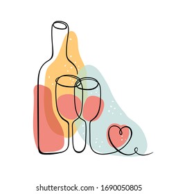 Colored vector illustration with wine bottle, wineglasses and heart in line art style. Hand drawn continuous line sketch isolated on white background. drawing. 