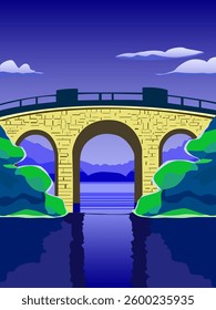 Colored Vector illustration of a yellow bridge over a river with blue shades backgrounds. For the design of your illustrations in a cartoon style