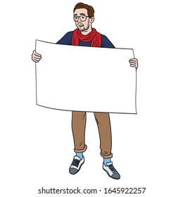 colored vector illustration of a young designer wearing a red scarf and glasses holding a large blank sign on which text can be placed. hipster, comic, start up.