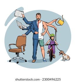 colored vector illustration of a young family father with kid balancing between workplace and leisure doing a lot of tasks. stressed man with multiple arms doing house work and job at the same time