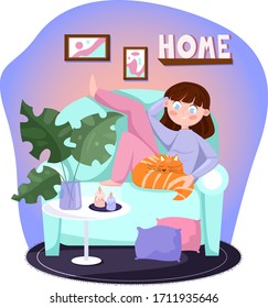 Colored vector illustration of young woman spending time at home with candles and cat