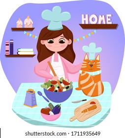 Colored vector illustration of young woman and cat spending time at home-home cooking
