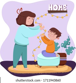 Colored vector illustration of young woman and boy spending time at home-decorating home