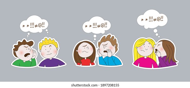 Colored vector illustrations, stickers of 3 groups of people who gossip. Pictures on a gray background.