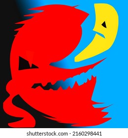 Colored vector image, monsters and bananas facing each other on a blue and black gradient background