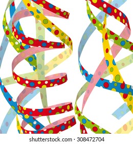 Colored Vector Invitation Card Background Streamers - Red, Blue, Green, Yellow - Birthday Party Backdrop Image with Dotted and Curled Colorful Streamers.