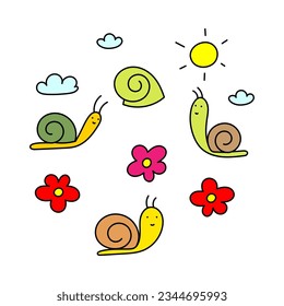 Colored vector isolated set of different snails, flowers and sun on the sky