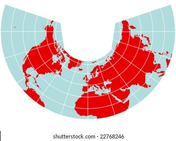 A colored vector map of the northern hemisphere using the Albers projection showing a map grid and the outlines of the continents.