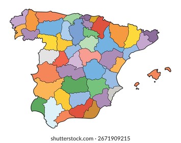 Colored vector map of Spain. Political and administrative regions and provinces illustration. Vector illustration.