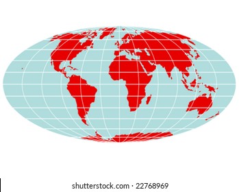 A colored vector map of the world with a map grid that uses the Mollweide projection