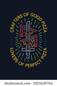It's a colored vector neon illustration depicting a sword with two slices of gorgeous pizza 