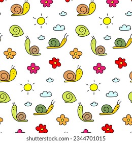 Colored vector pattern of different snails, flowers and the sun on the sky