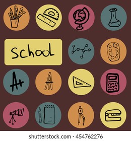 Colored Vector pattern with the image of school subjects and things. Abstract circles. Handmade. 1 September. It can be used for packaging, invitations, holiday cards, etc. there is a place for text.