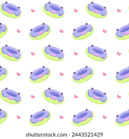 Colored vector pattern with an inflatable ring for swimming in the sea, pool, river or lake in the form of a frog. Pattern with frog and hearts