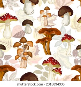 Colored vector pattern with mushrooms.Vector pattern with mushrooms on a background of autumn leaves.