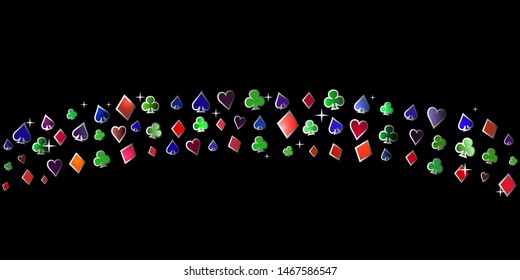 Colored vector pattern of the symbols of playing cards on a black background.