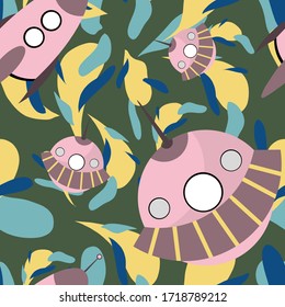 Colored vector patterns with rocket in a flat style. Isolated pattern for textile, napkins, tablecloths, wrapping paper. Vector flat cosmos pattern