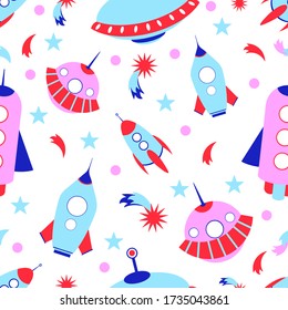 Colored vector patterns with rocket in a flat style. Isolated pattern for textile, napkins, tablecloths, wrapping paper. Flat vector cosmos pattern