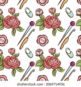 colored vector patterns with threads, buttons, knitting needles, crochet and flowers for knitters and embroiderers