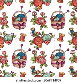 colored vector patterns with threads, buttons, knitting needles, crochet and flowers for knitters and embroiderers