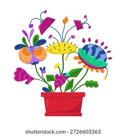 Farbige Vektorpostkarte mit verschiedenen fantastischen Blumen in einer Vase auf weißem Hintergrund. Botanisches Alien-Symbol. Bild für Postkarte oder Geschenkdesign