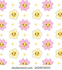 Colored vector seamless pattern in groovy style with flowers and sparkles