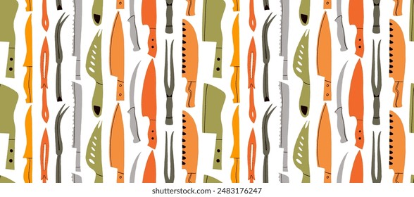 Colored vector seamless pattern with knives in cartoon doodle style. Hand drawn cute wallpaper with a kitchen motif. Cook accessories collection. Food service, restaurant or store concept.