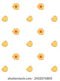 Colored vector seamless pattern on the theme of baking. Cookies in the shape of a flower and heart with red filling inside