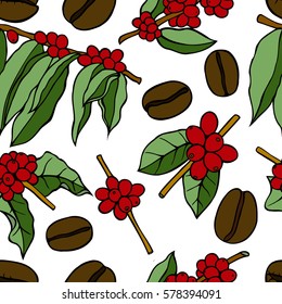 Colored Vector Seamless pattern with plants and coffee beans