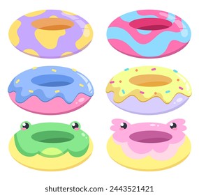 Colored vector set with beach icons. Summer inflatable rings for swimming in the sea or pool
