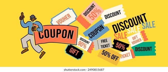 colored vector set of discount or gift voucher ticket coupon templates. collection of icons in shape style, vintage color