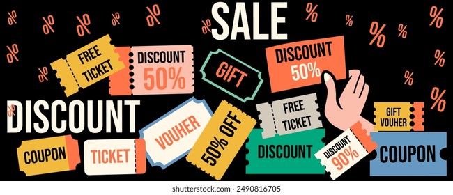 colored vector set of discount or gift voucher ticket coupon templates. collection of icons in shape style, vintage color