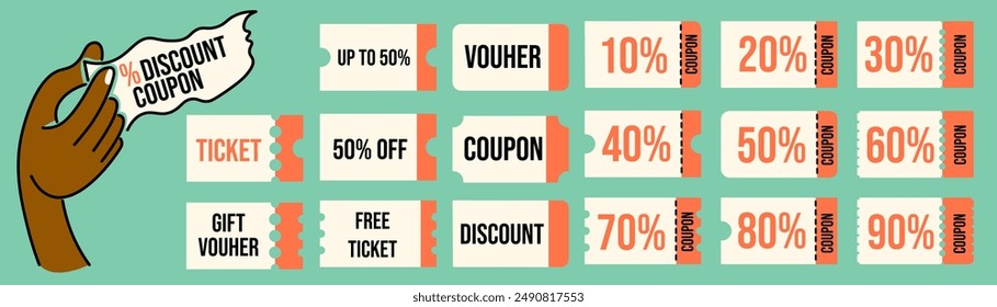 colored vector set of discount or gift voucher ticket coupon templates. collection of icons in shape style, vintage color