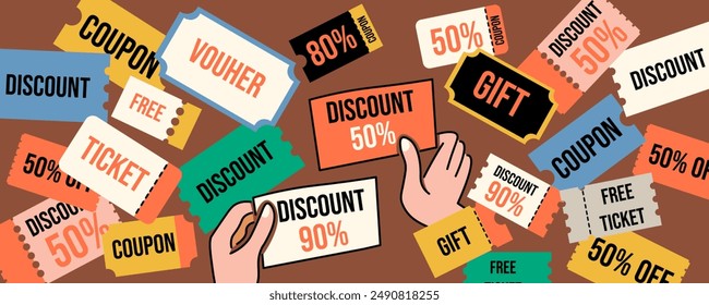 colored vector set of discount or gift voucher ticket coupon templates. collection of icons in shape style, vintage color