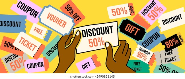 colored vector set of discount or gift voucher ticket coupon templates. collection of icons in shape style, vintage color