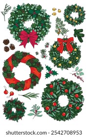 colored vector set of drawn Christmas wreaths