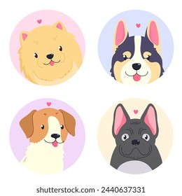 Colored vector set featuring illustrations of different dogs. Spitz, Corgi, Jack Russell, French Bulldog