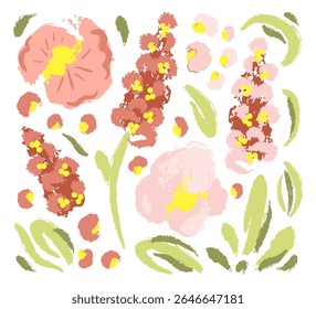 Conjunto vetorial colorido de elementos florais. Várias flores, folhagem, textura grunge. Para criar padrões, design.