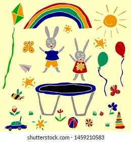 Colored vector set of handdrawn childhood doodles. Kid drawings.