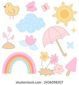 Colored vector set with icons on the theme of spring in pastel colors. Bird, flowers, umbrella, sun, clouds, rainbow
