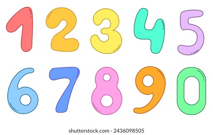 Colored vector set with icons of various numbers in cartoon style. 10 numbers in rainbow colors