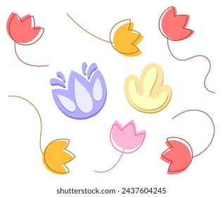 Colored vector set with icons of various tulips in different colors. Pink, red, purple, yellow
