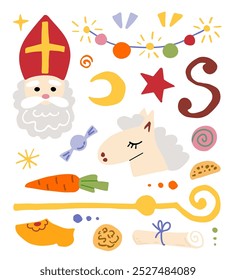 Colored vector set. Traditional holiday St. Nicholas Day, symbols. Sinterklaas in red miter, staff, carrots, cookies and candies, horse, garland.