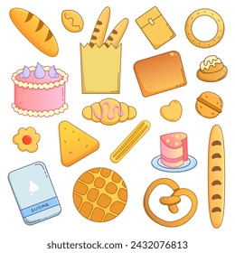 Colored vector set with various bakery products and desserts. Sugar, loaf, pies, cakes, bags