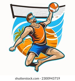 Colored vector silhouette of Beach volleyball player with ball. cartoon vector illustration, isolated background, label, sticker