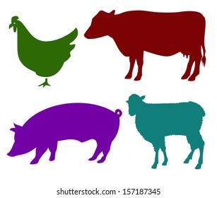 Colored Vector Silhouettes Of Farmyard Animals, Sheep, Chicken, Cow And Pig