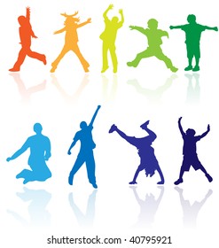 Colored Vector Silhouettes Of Group Of Children, Kids Dancing, Playing Sport Games, Jumping