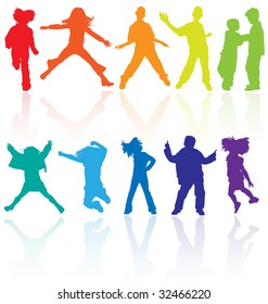 Colored vector silhouettes of the group of school teenage active children isolated on white background with reflection